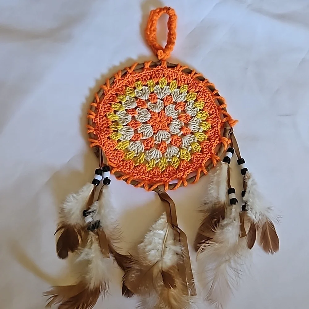 Hand Crafted Dreamcatcher Crochet orange handmade knit floral fall decor